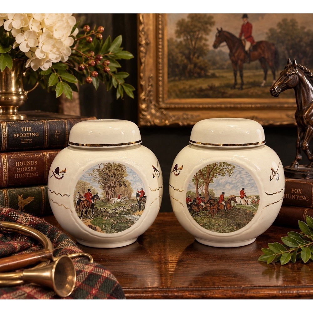 Vintage Weatherby Royal Falcon Fox Hunt Ginger Jars Set of 2 England Horse Scene